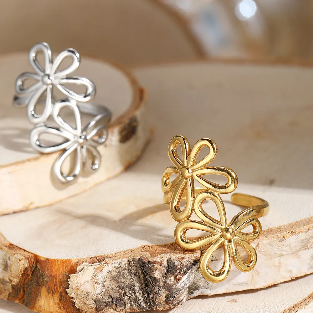 Bohemian Hollow Flower Stainless Steel Ring, Eco-friendly Material, Color Retention, Women's Fashion Jewelry, Personalized All-match & Exaggerated Style